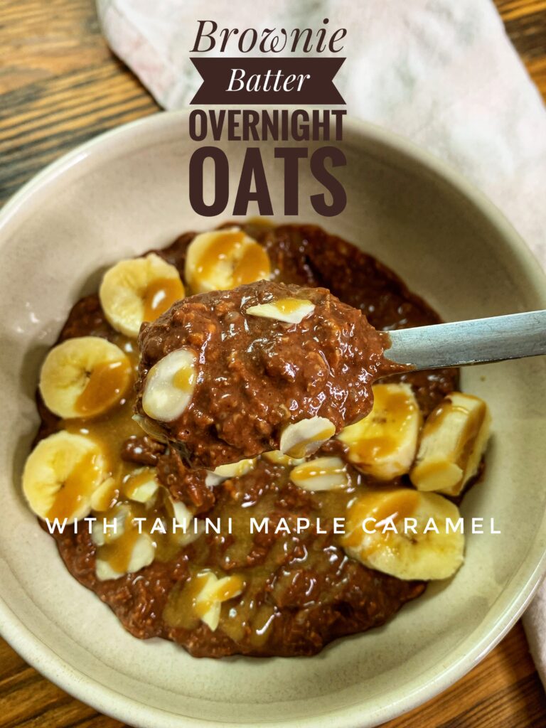 Brownie batter overnight oats, served with banana and tahini maple caramel