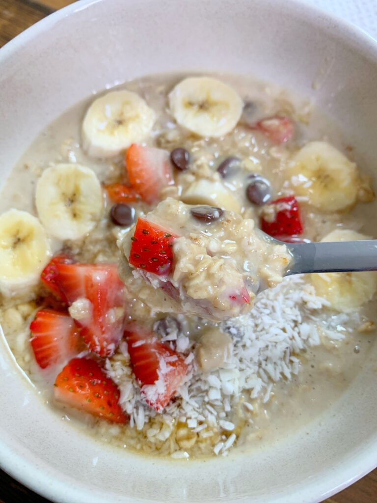 Cookie dough overnight oats with banana and strawberries