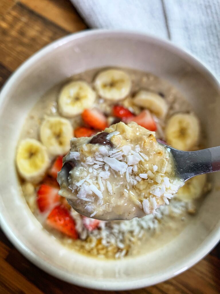 Cookie dough overnight oats with banana and strawberries