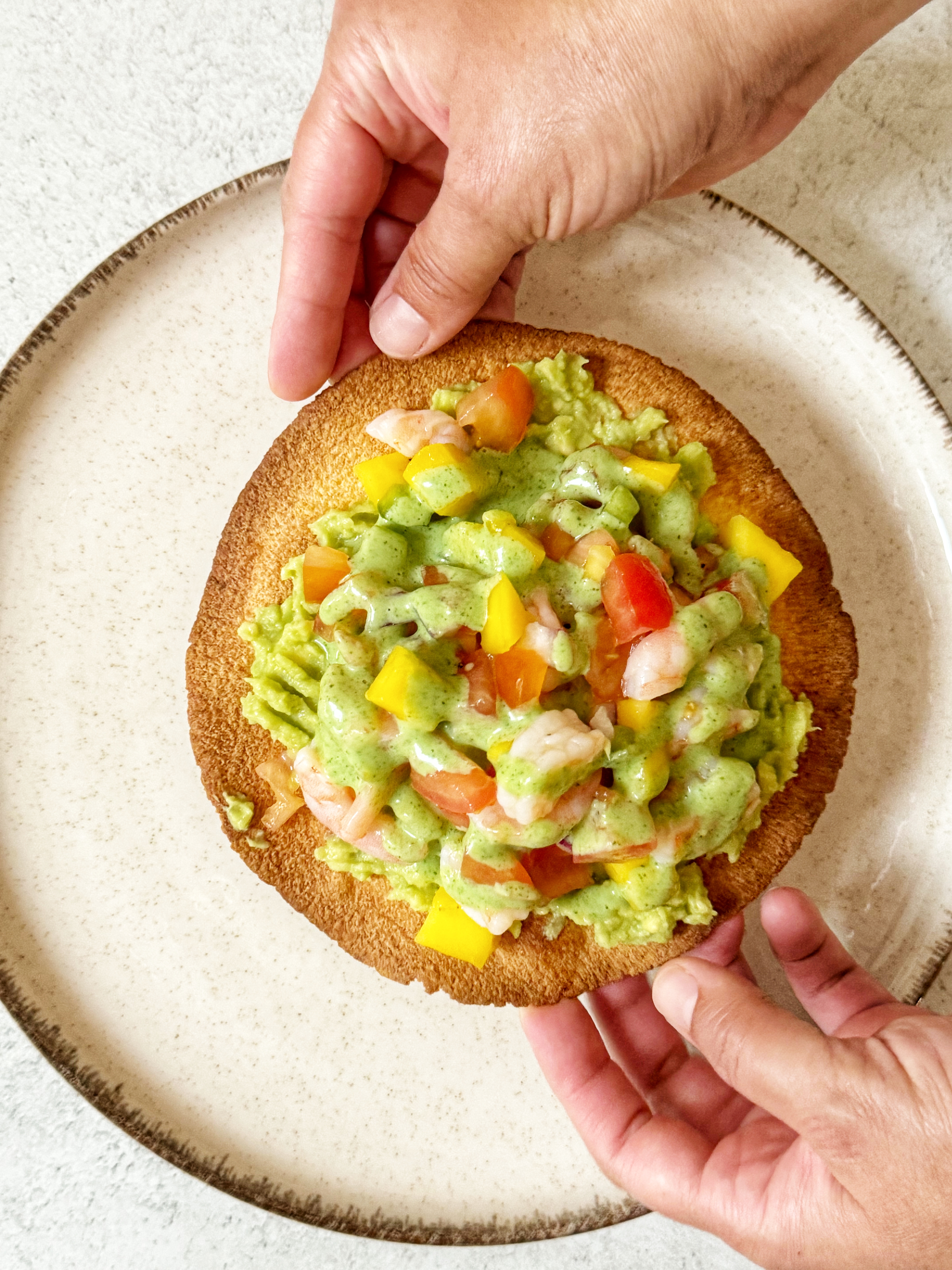 Baked Tostada with avocado cream, prawns and mango salad with Coriander sauce