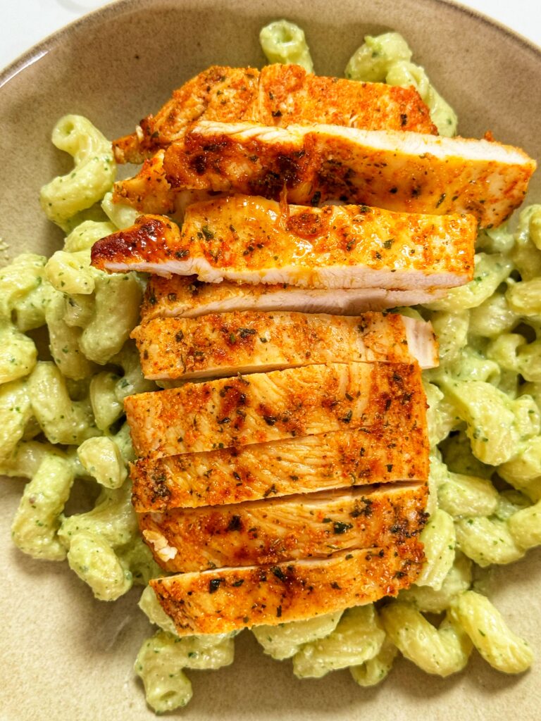 High Protein Avocado Pesto and Chicken Pasta